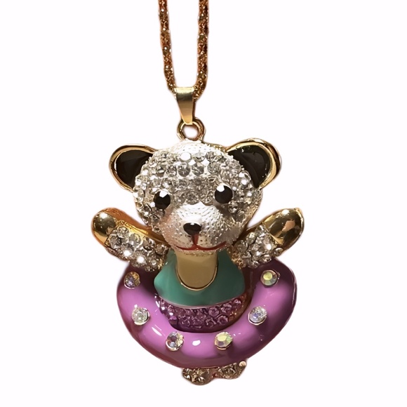 Betsey Johnson Teddy Bear Necklace, Gold Tone, Crystals, Purple Tutu, 28" Chain - Picture 7 of 10